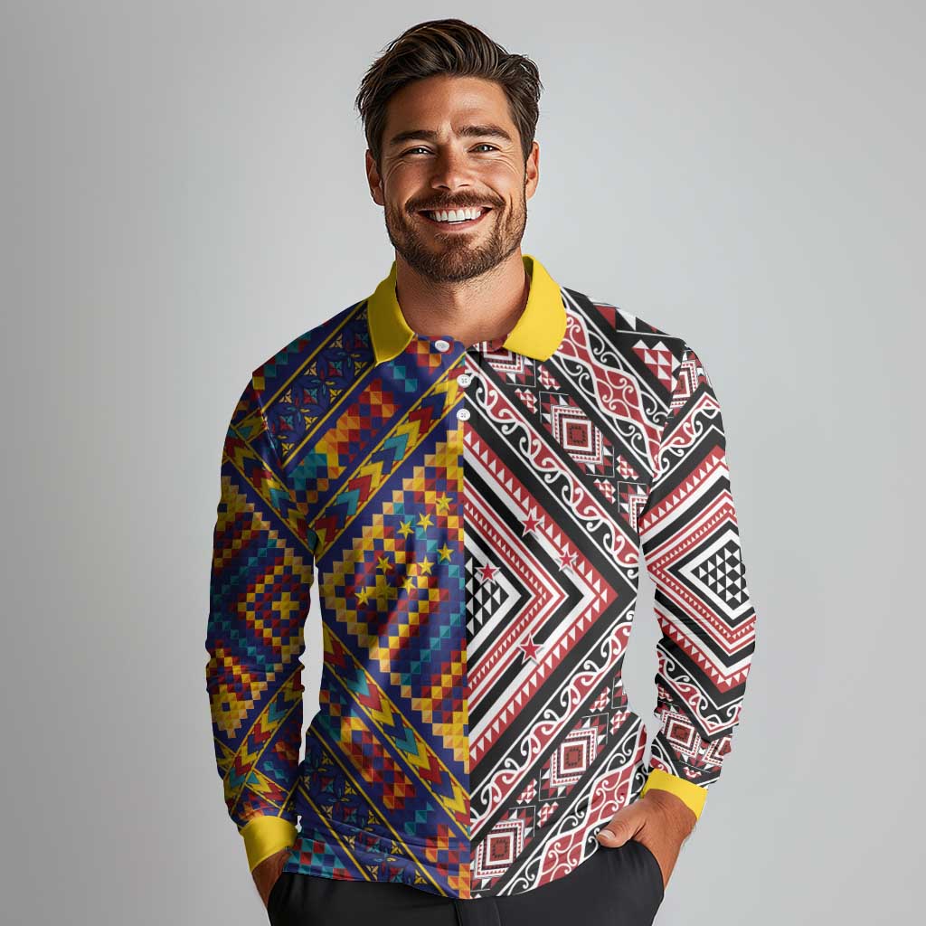 Tuvaluan and New Zealand Culture Long Sleeve Polo Shirt The Art of Kolose and Taniko LT03 - Polynesian Pride