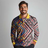 Tuvaluan and New Zealand Culture Long Sleeve Polo Shirt The Art of Kolose and Taniko LT03 - Polynesian Pride
