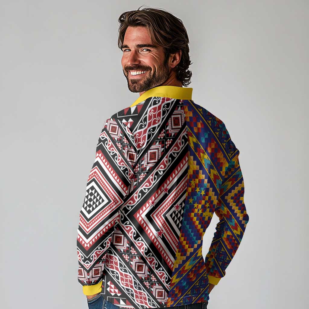 Tuvaluan and New Zealand Culture Long Sleeve Polo Shirt The Art of Kolose and Taniko LT03 - Polynesian Pride