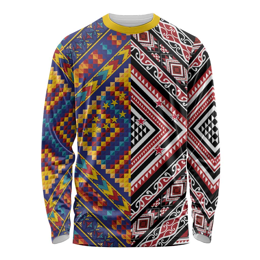 Tuvaluan and New Zealand Culture Long Sleeve Shirt The Art of Kolose and Taniko LT03 Unisex Navy - Polynesian Pride
