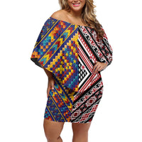 Tuvaluan and New Zealand Culture Off Shoulder Short Dress The Art of Kolose and Taniko LT03 Women Navy - Polynesian Pride