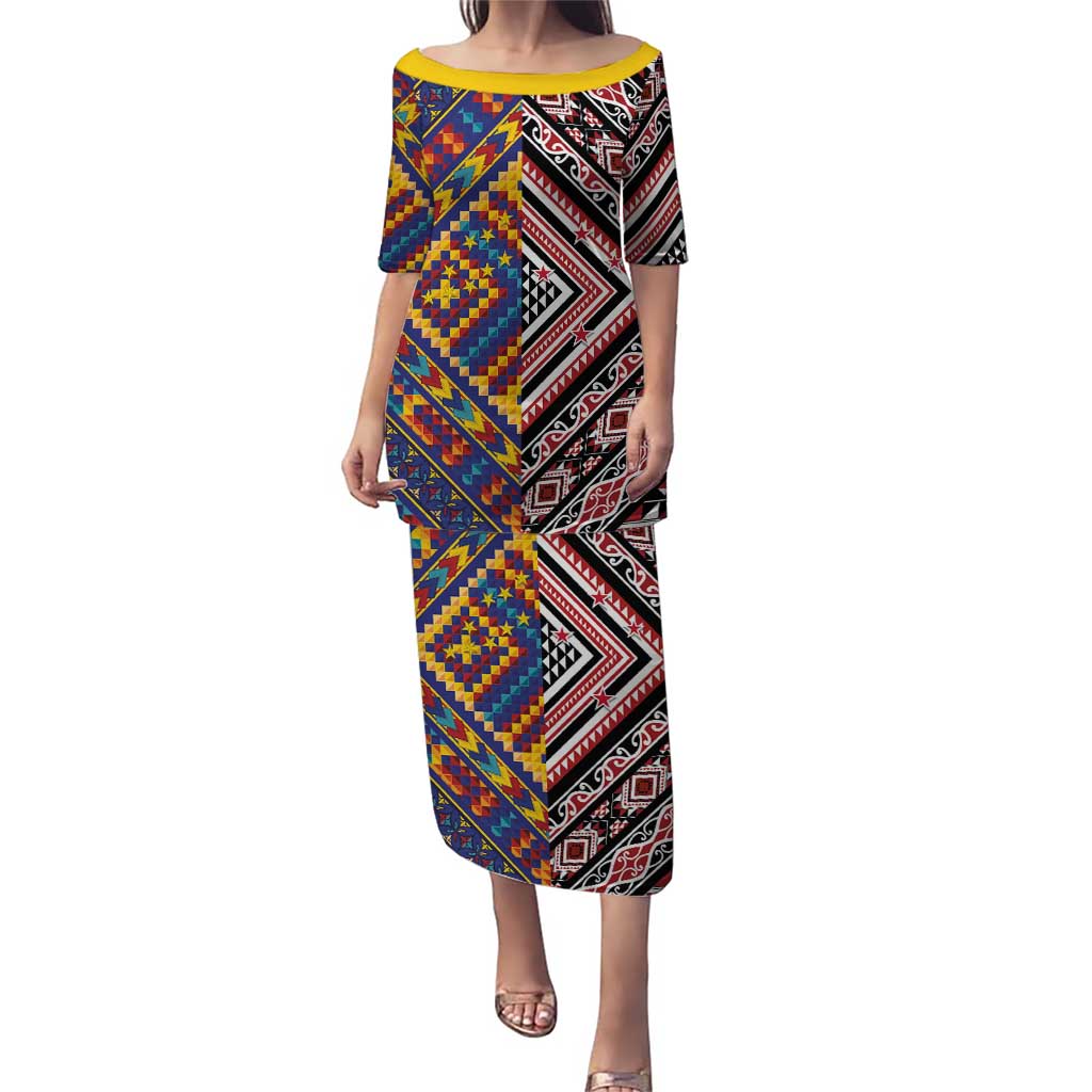 Tuvaluan and New Zealand Culture Puletasi The Art of Kolose and Taniko LT03 Long Dress Navy - Polynesian Pride
