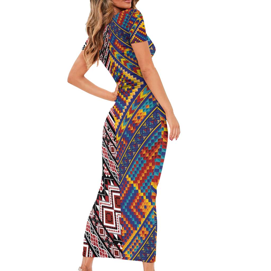 Tuvaluan and New Zealand Culture Short Sleeve Bodycon Dress The Art of Kolose and Taniko LT03 - Polynesian Pride