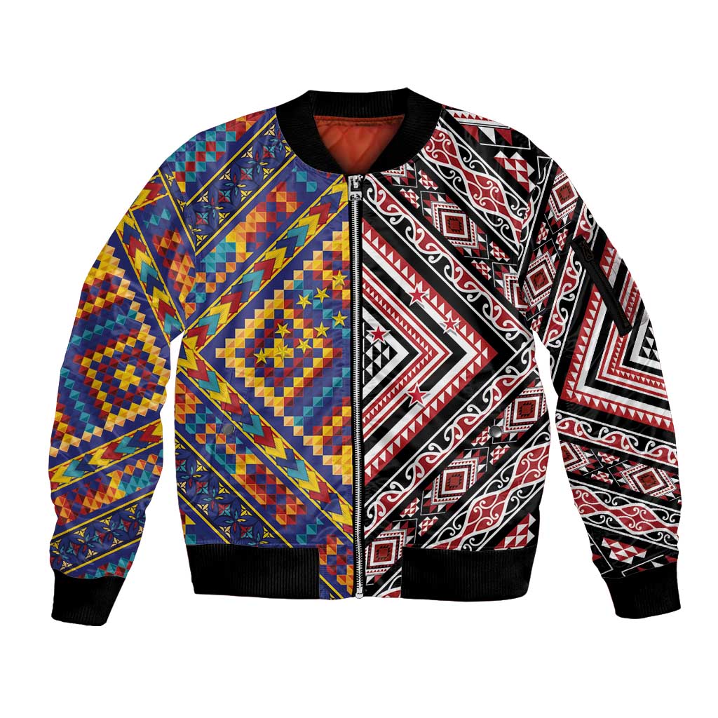 Tuvaluan and New Zealand Culture Sleeve Zip Bomber Jacket The Art of Kolose and Taniko LT03 Unisex Navy - Polynesian Pride