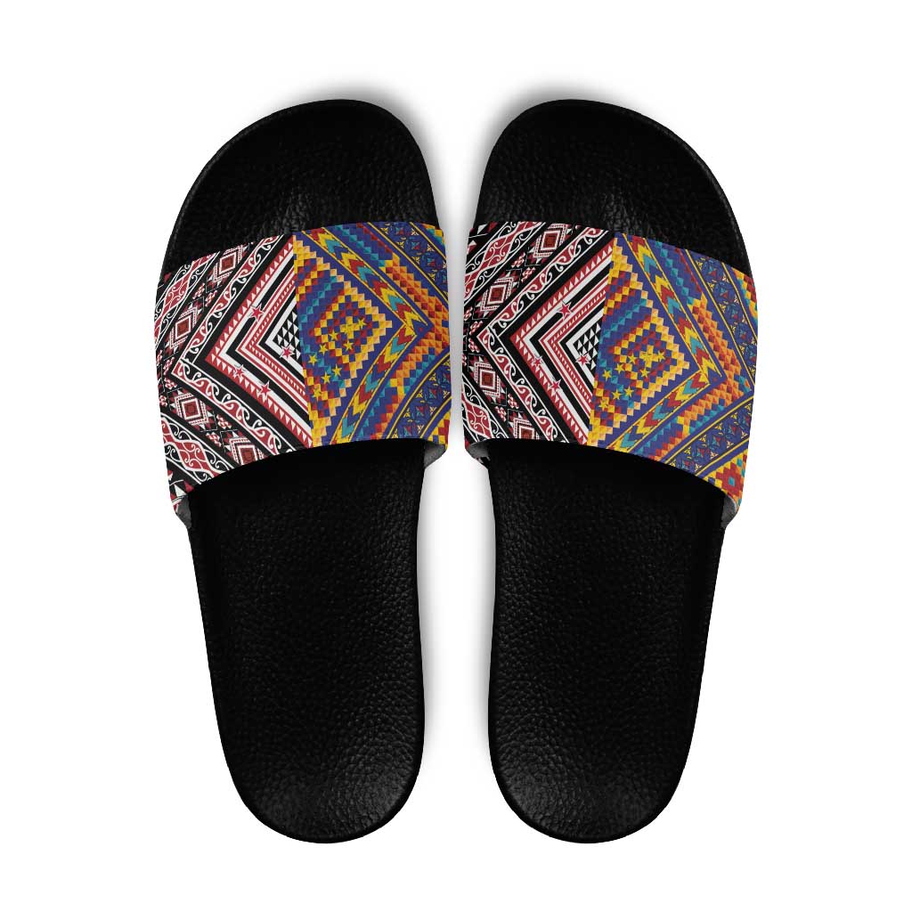 Tuvaluan and New Zealand Culture Slide Sandals The Art of Kolose and Taniko LT03 Navy - Polynesian Pride