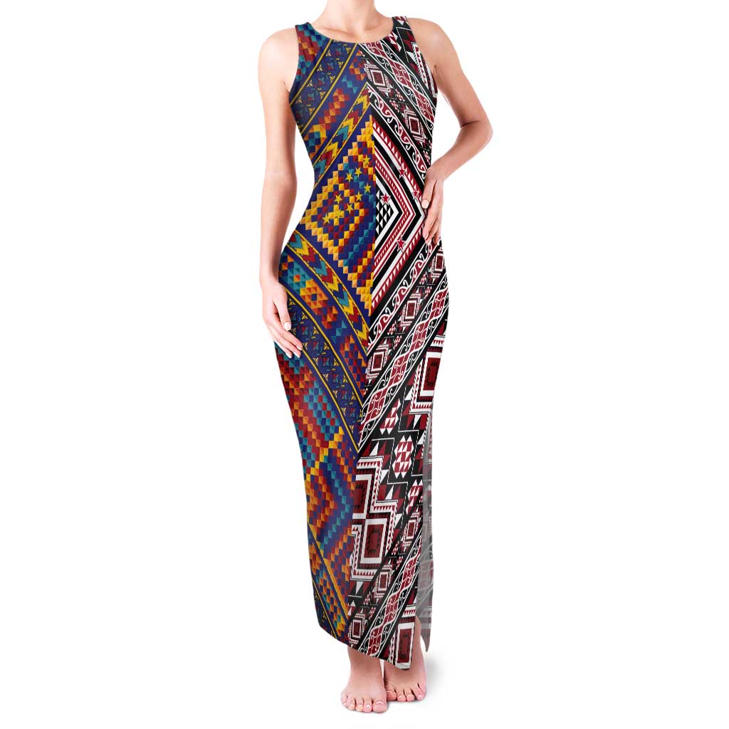 Tuvaluan and New Zealand Culture Tank Maxi Dress The Art of Kolose and Taniko LT03 Women Navy - Polynesian Pride
