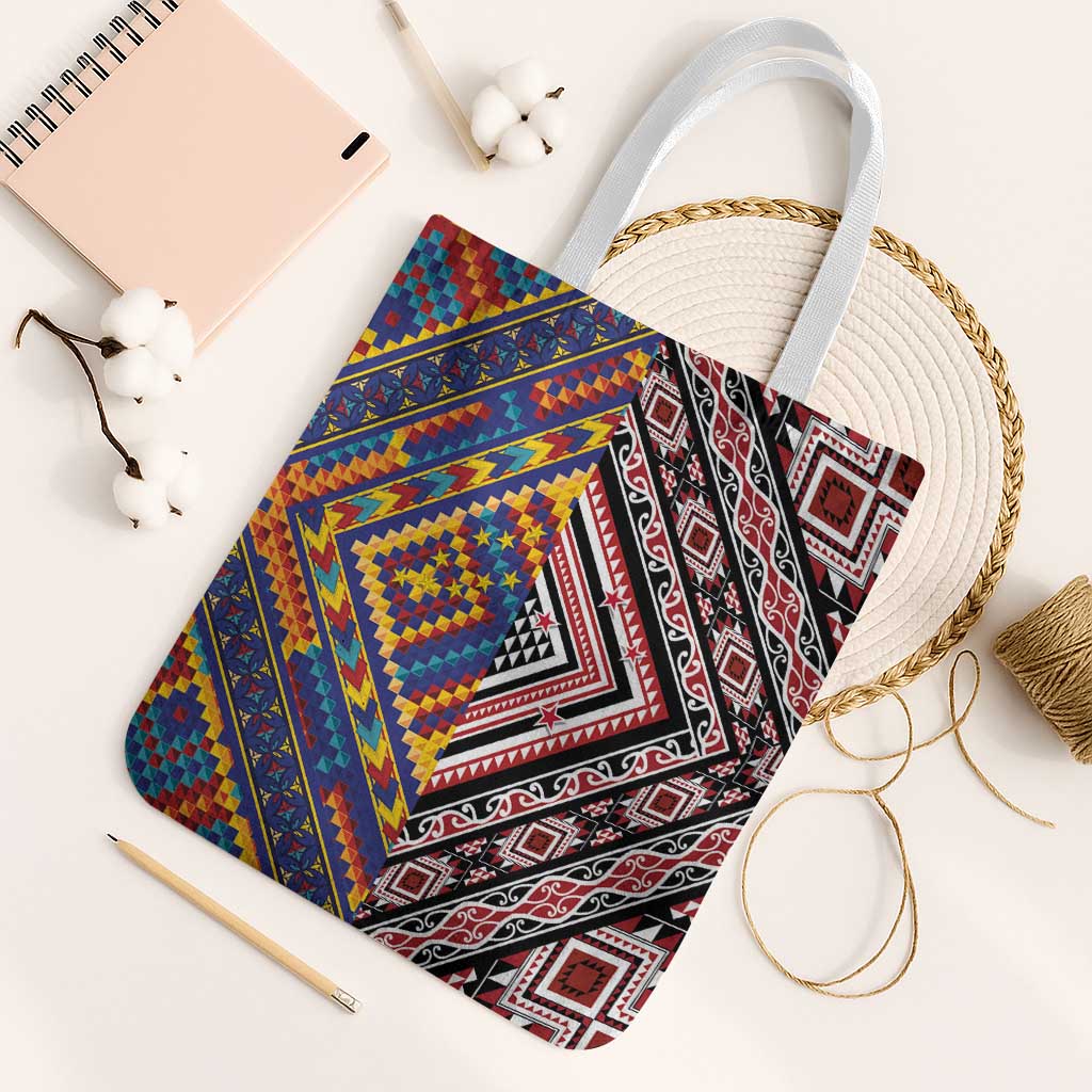 Tuvaluan and New Zealand Culture Tote Bag The Art of Kolose and Taniko LT03 White Strap One Size Navy - Polynesian Pride