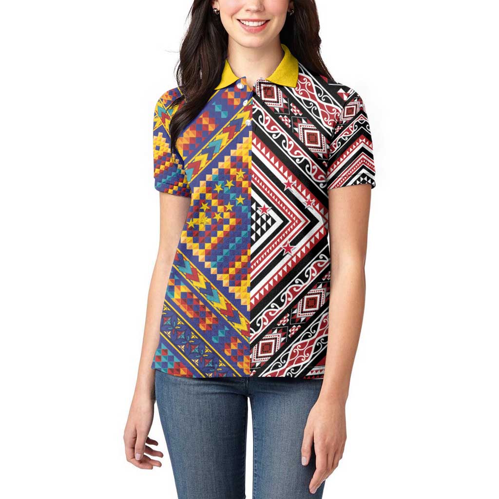 Tuvaluan and New Zealand Culture Women Polo Shirt The Art of Kolose and Taniko LT03 - Polynesian Pride