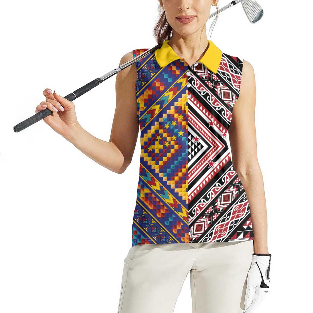 Tuvaluan and New Zealand Culture Women Sleeveless Polo Shirt The Art of Kolose and Taniko LT03 - Polynesian Pride
