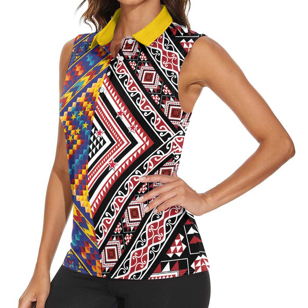 Tuvaluan and New Zealand Culture Women Sleeveless Polo Shirt The Art of Kolose and Taniko LT03 - Polynesian Pride