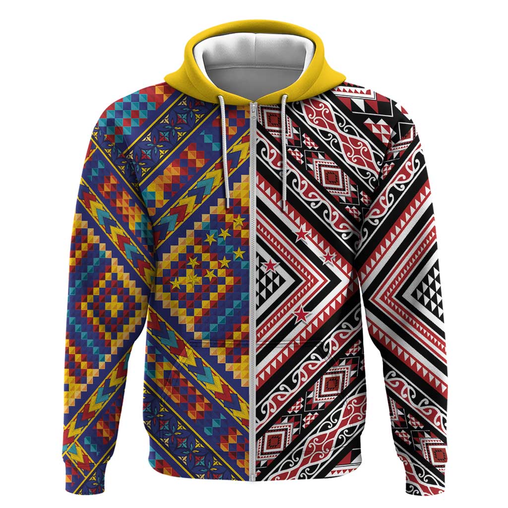 Tuvaluan and New Zealand Culture Zip Hoodie The Art of Kolose and Taniko - Polynesian Pride
