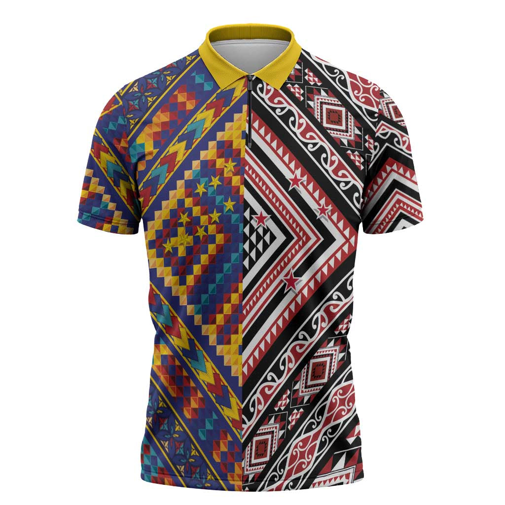 Tuvaluan and New Zealand Culture Zipper Polo Shirt The Art of Kolose and Taniko LT03 Navy - Polynesian Pride