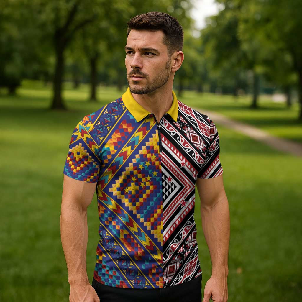 Tuvaluan and New Zealand Culture Zipper Polo Shirt The Art of Kolose and Taniko LT03 - Polynesian Pride