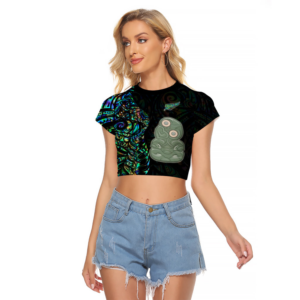 New Zealand Raglan Cropped T Shirt Silver Fern and Hei Tiki with Papua Shell Maori Tribal LT03 Female Black - Polynesian Pride