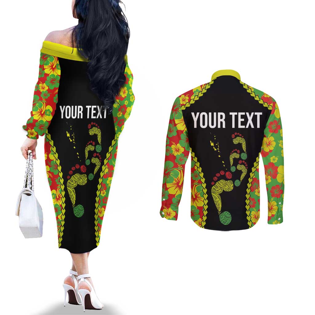 Personalised Vanuatu Running Couples Matching Off The Shoulder Long Sleeve Dress and Long Sleeve Button Shirt Footprint and Hibiscus Polynesian Style