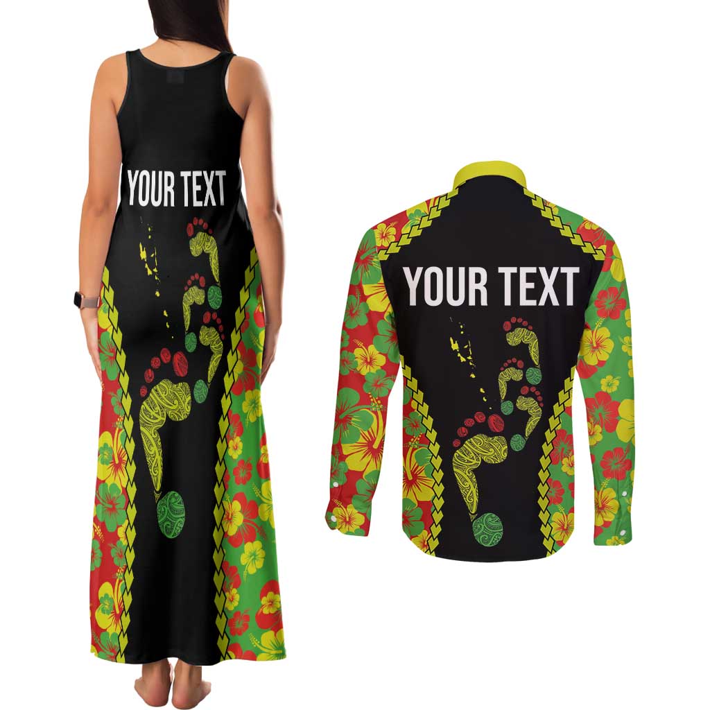 Personalised Vanuatu Running Couples Matching Tank Maxi Dress and Long Sleeve Button Shirt Footprint and Hibiscus Polynesian Style