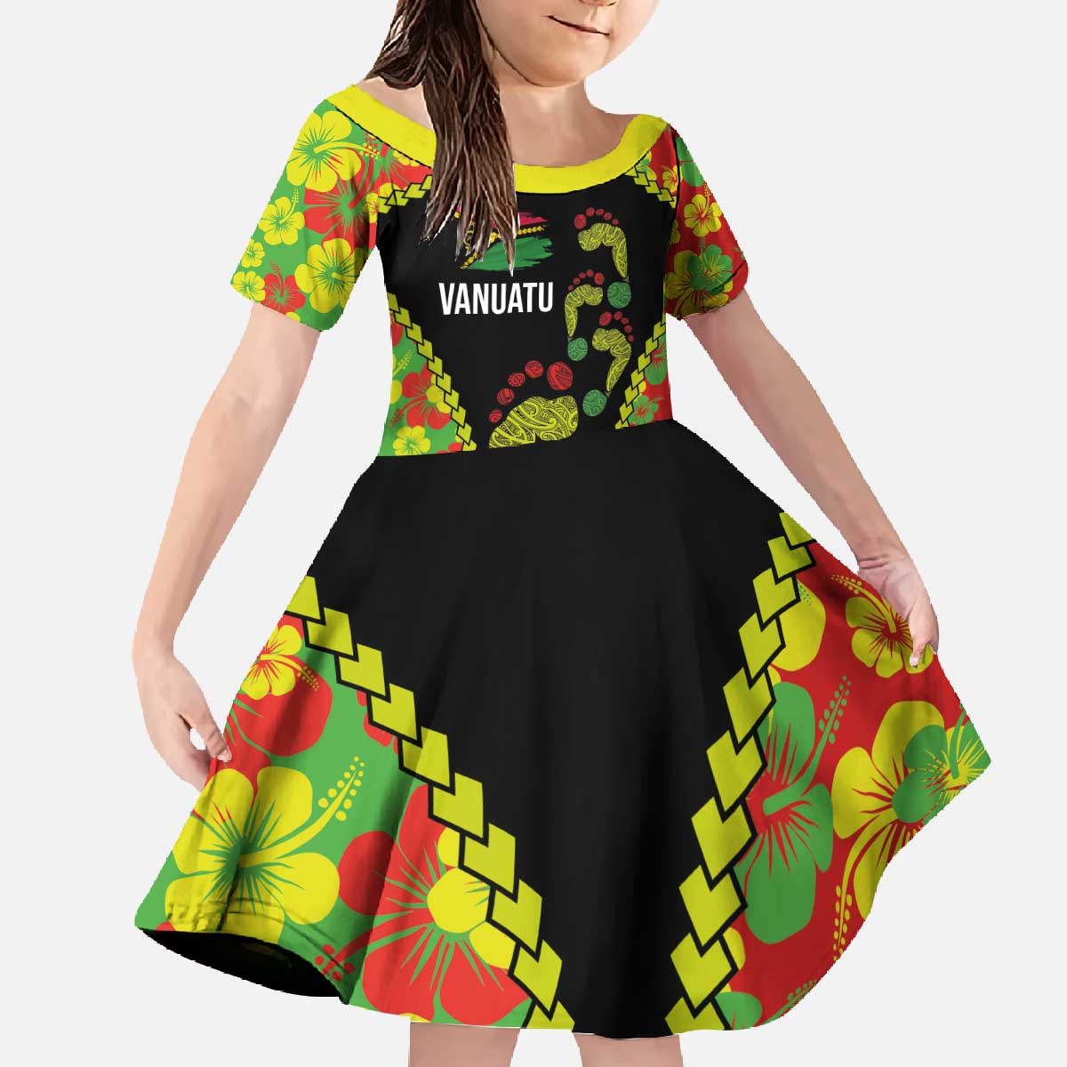 Personalised Vanuatu Running Family Matching Off The Shoulder Long Sleeve Dress and Hawaiian Shirt Footprint and Hibiscus Polynesian Style LT03 Daughter's Dress Black - Polynesian Pride