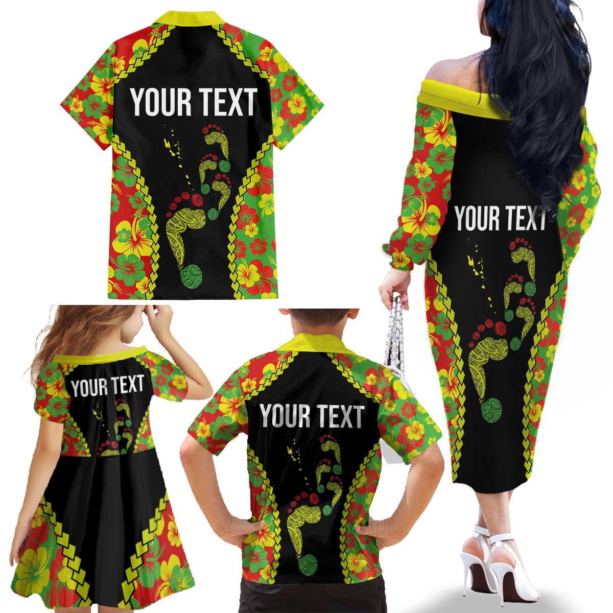 Personalised Vanuatu Running Family Matching Off The Shoulder Long Sleeve Dress and Hawaiian Shirt Footprint and Hibiscus Polynesian Style LT03 - Polynesian Pride