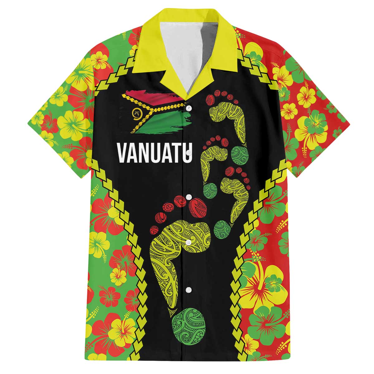 Personalised Vanuatu Running Family Matching Off The Shoulder Long Sleeve Dress and Hawaiian Shirt Footprint and Hibiscus Polynesian Style LT03 Dad's Shirt - Short Sleeve Black - Polynesian Pride