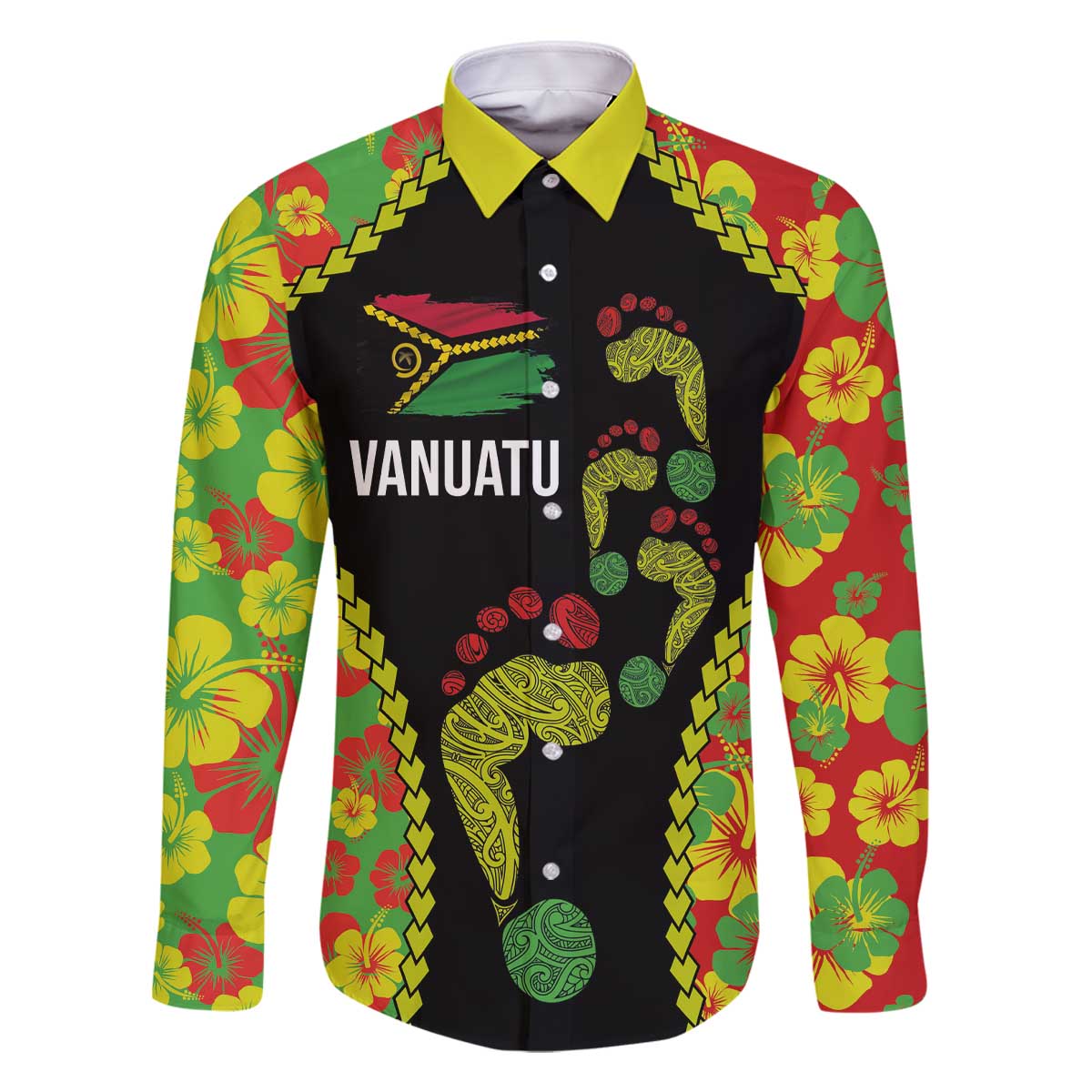 Personalised Vanuatu Running Family Matching Off Shoulder Short Dress and Hawaiian Shirt Footprint and Hibiscus Polynesian Style LT03 Dad's Shirt - Long Sleeve Black - Polynesian Pride