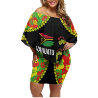 Personalised Vanuatu Running Family Matching Off Shoulder Short Dress and Hawaiian Shirt Footprint and Hibiscus Polynesian Style LT03 Mom's Dress Black - Polynesian Pride