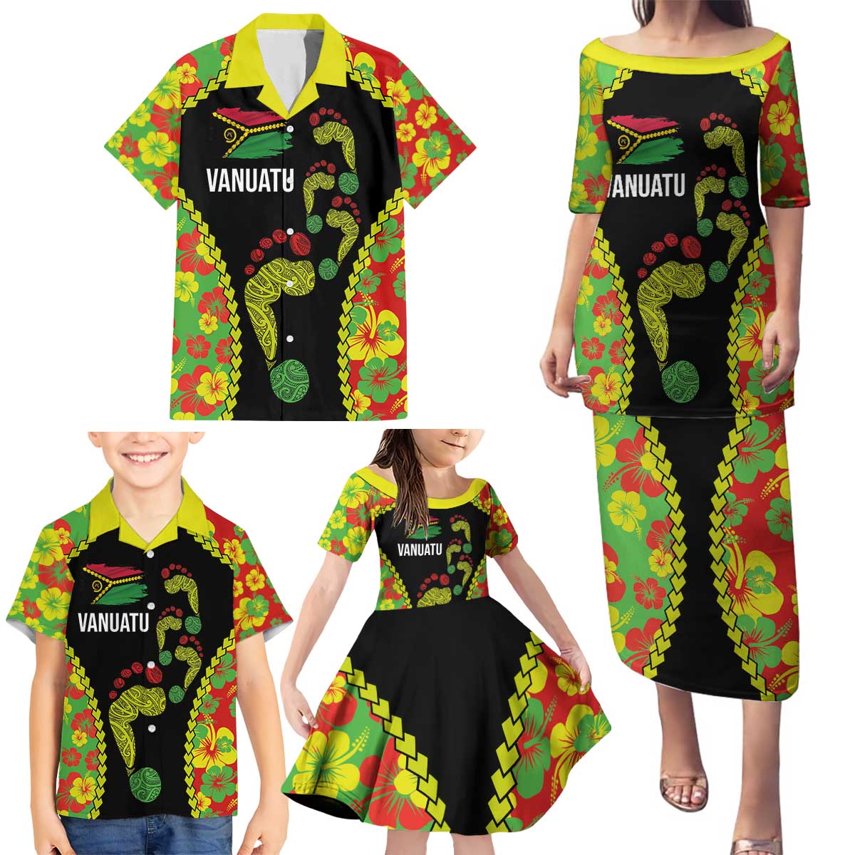 Personalised Vanuatu Running Family Matching Puletasi and Hawaiian Shirt Footprint and Hibiscus Polynesian Style LT03 - Polynesian Pride