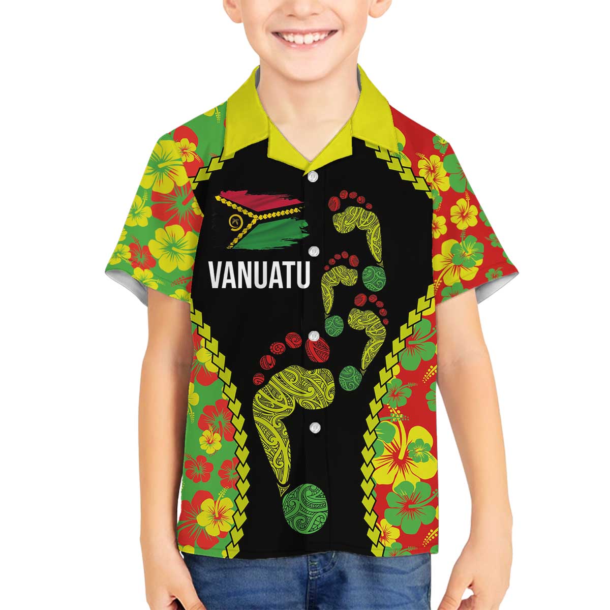 Personalised Vanuatu Running Family Matching Puletasi and Hawaiian Shirt Footprint and Hibiscus Polynesian Style LT03 Son's Shirt Black - Polynesian Pride