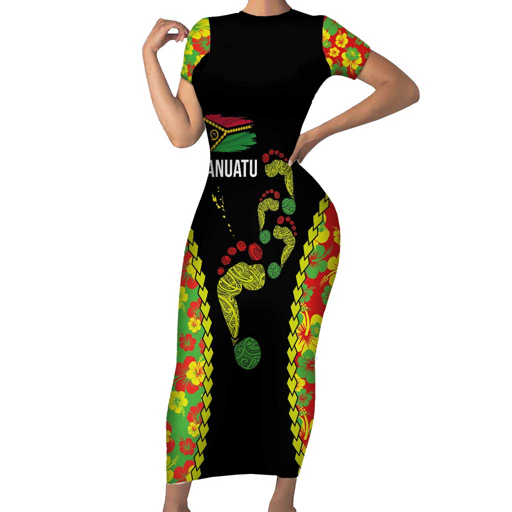 Personalised Vanuatu Running Short Sleeve Bodycon Dress Footprint and Hibiscus Polynesian Style