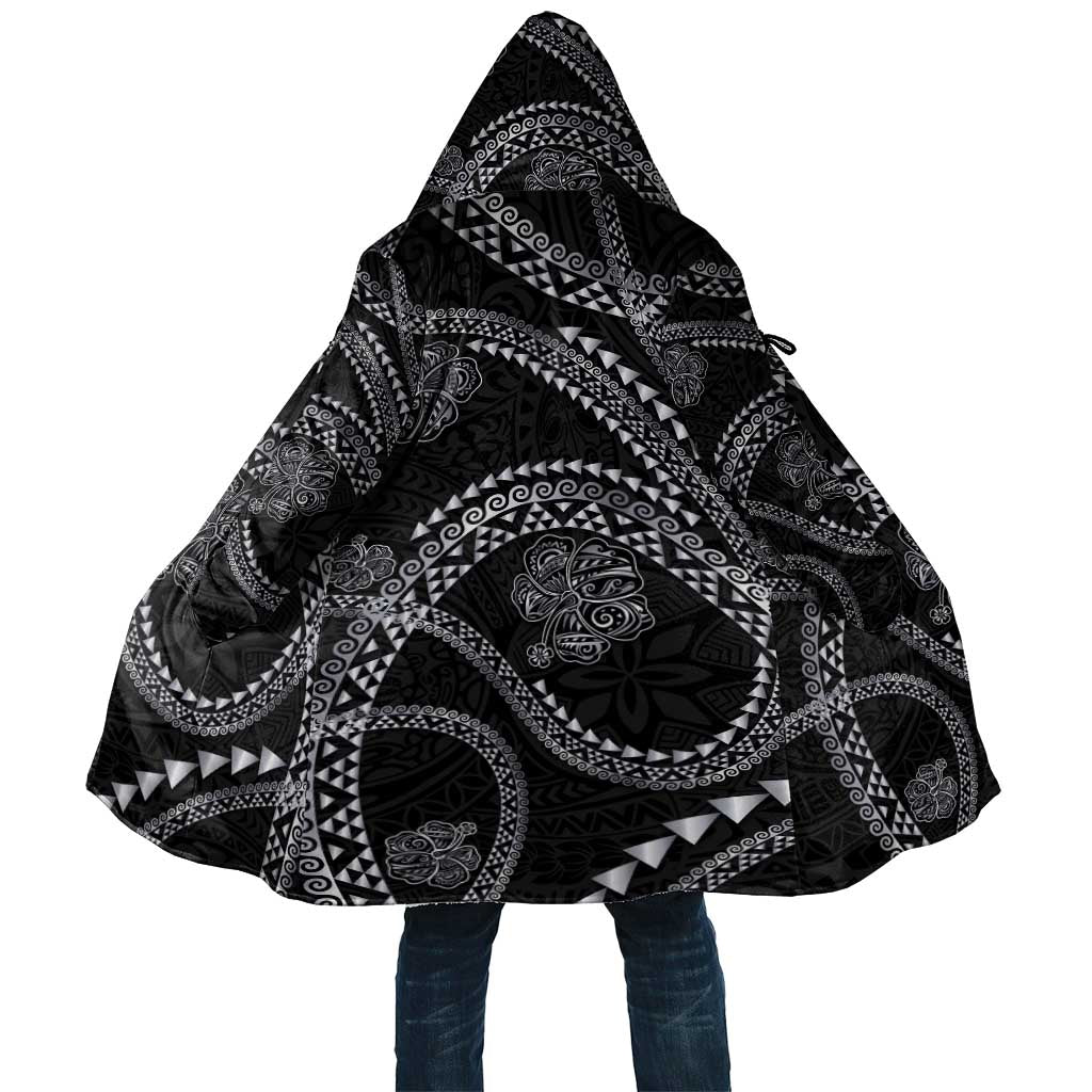 Hawaiian Kakau Art and Hisbiscus Tattoo Cloak Tribal Pattern-Silver Style LT03 Unisex Black - Polynesian Pride