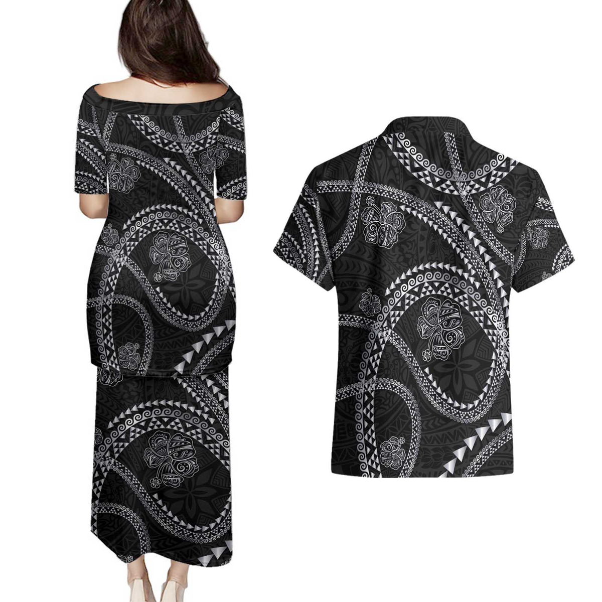 Hawaiian Kakau Art and Hisbiscus Tattoo Couples Matching Puletasi and Hawaiian Shirt Tribal Pattern-Silver Style LT03 - Polynesian Pride