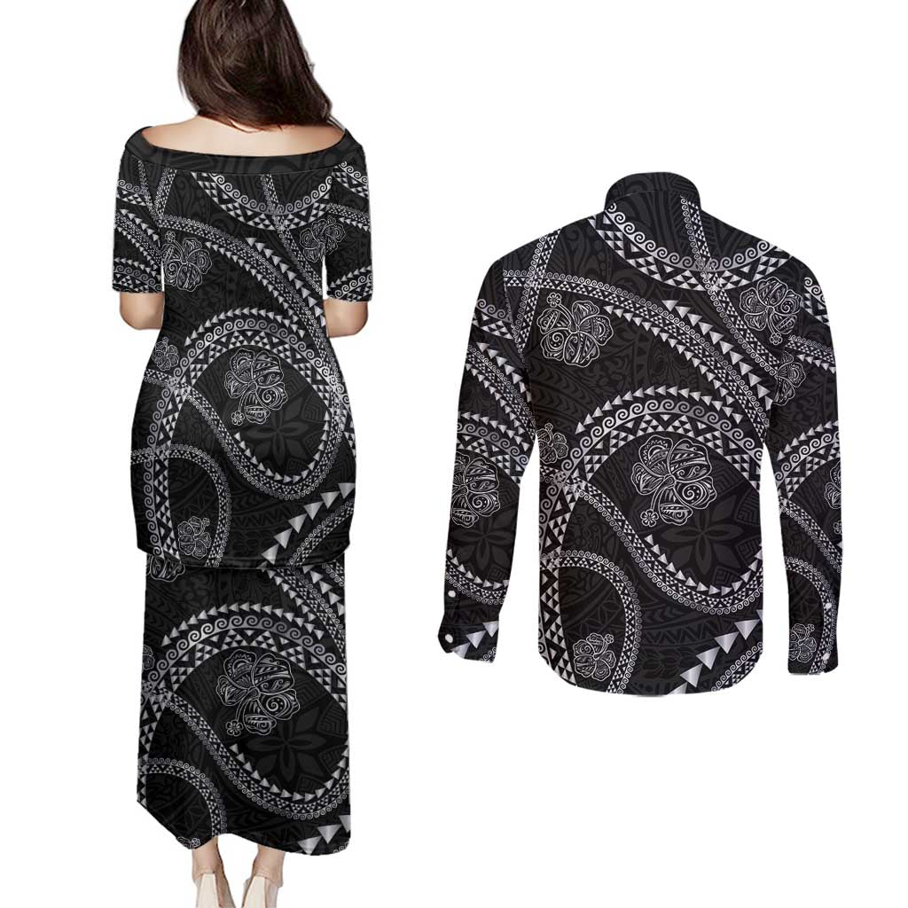 Hawaiian Kakau Art and Hisbiscus Tattoo Couples Matching Puletasi and Long Sleeve Button Shirt Tribal Pattern-Silver Style - Polynesian Pride