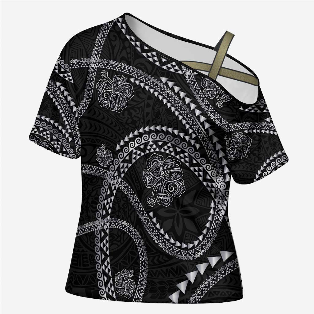 Hawaiian Kakau Art and Hisbiscus Tattoo Cross Shoulder Shirt Tribal Pattern-Silver Style - Polynesian Pride