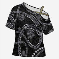 Hawaiian Kakau Art and Hisbiscus Tattoo Cross Shoulder Shirt Tribal Pattern-Silver Style LT03 Female Black - Polynesian Pride
