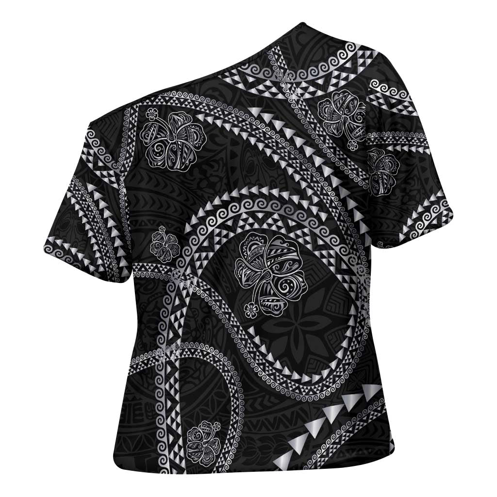 Hawaiian Kakau Art and Hisbiscus Tattoo Cross Shoulder Shirt Tribal Pattern-Silver Style LT03 - Polynesian Pride