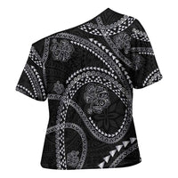 Hawaiian Kakau Art and Hisbiscus Tattoo Cross Shoulder Shirt Tribal Pattern-Silver Style LT03 - Polynesian Pride