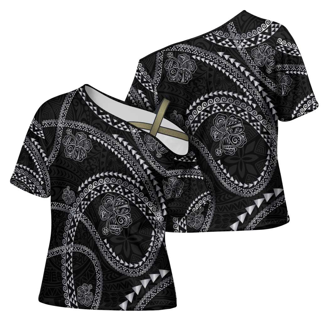 Hawaiian Kakau Art and Hisbiscus Tattoo Cross Shoulder Shirt Tribal Pattern-Silver Style LT03 - Polynesian Pride