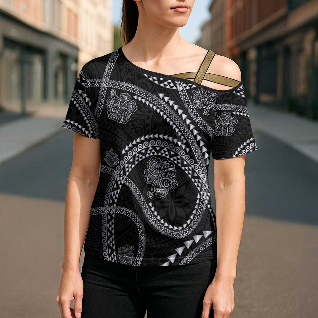 Hawaiian Kakau Art and Hisbiscus Tattoo Cross Shoulder Shirt Tribal Pattern-Silver Style LT03 - Polynesian Pride