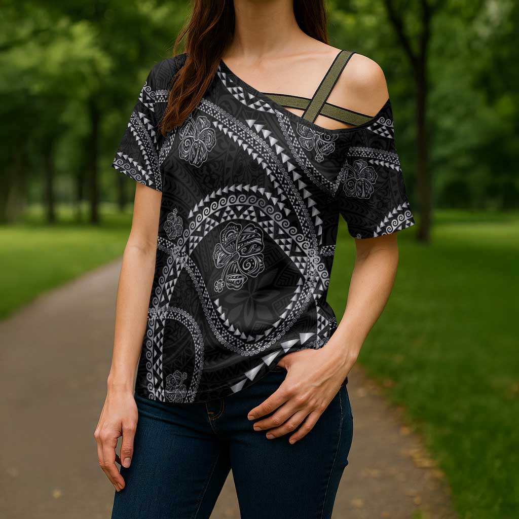 Hawaiian Kakau Art and Hisbiscus Tattoo Cross Shoulder Shirt Tribal Pattern-Silver Style LT03 - Polynesian Pride