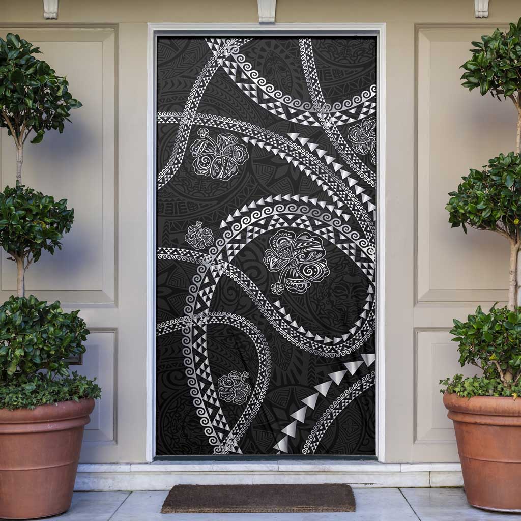 Hawaiian Kakau Art and Hisbiscus Tattoo Door Cover Tribal Pattern-Silver Style LT03 Black - Polynesian Pride