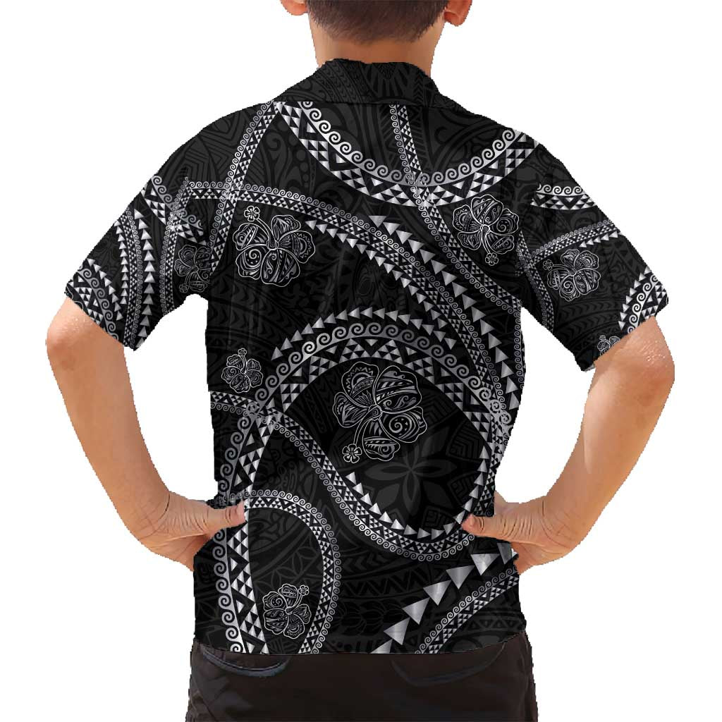 Hawaiian Kakau Art and Hisbiscus Tattoo Family Matching Long Sleeve Bodycon Dress and Hawaiian Shirt Tribal Pattern-Silver Style LT03 - Polynesian Pride