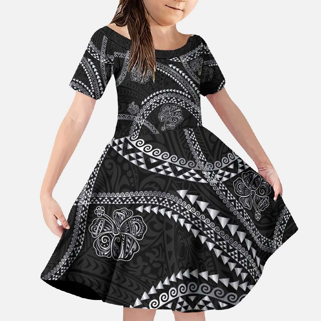 Hawaiian Kakau Art and Hisbiscus Tattoo Family Matching Long Sleeve Bodycon Dress and Hawaiian Shirt Tribal Pattern-Silver Style LT03 Daughter's Dress Black - Polynesian Pride