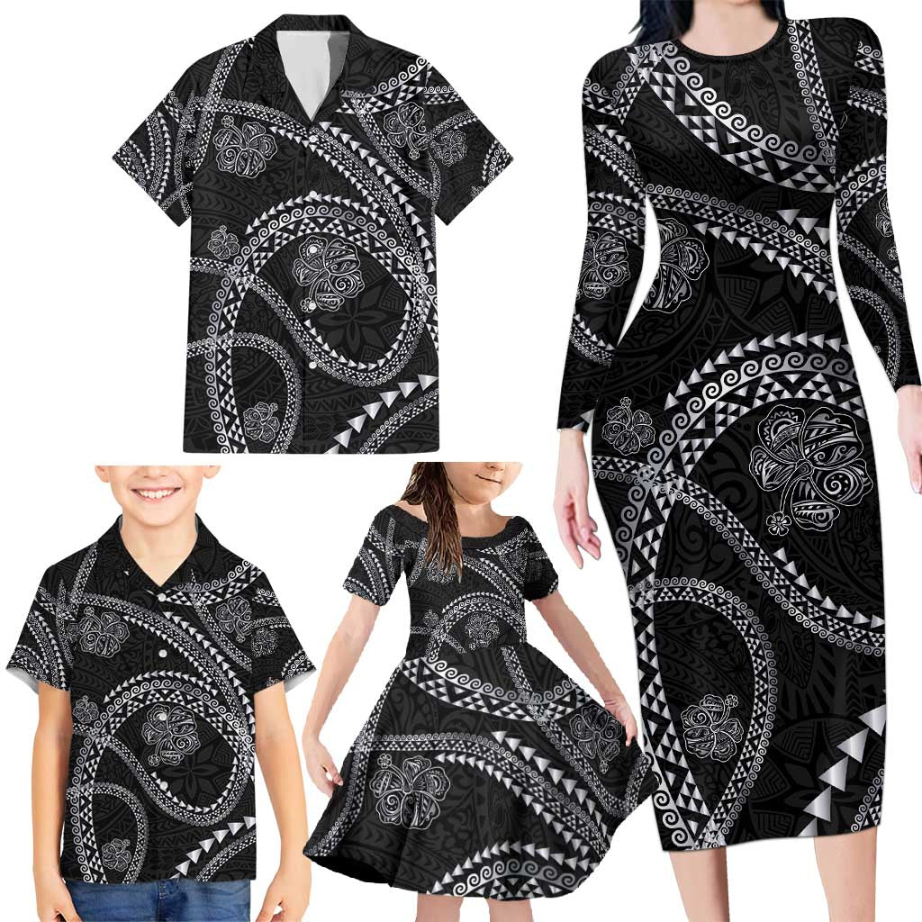 Hawaiian Kakau Art and Hisbiscus Tattoo Family Matching Long Sleeve Bodycon Dress and Hawaiian Shirt Tribal Pattern-Silver Style LT03 - Polynesian Pride