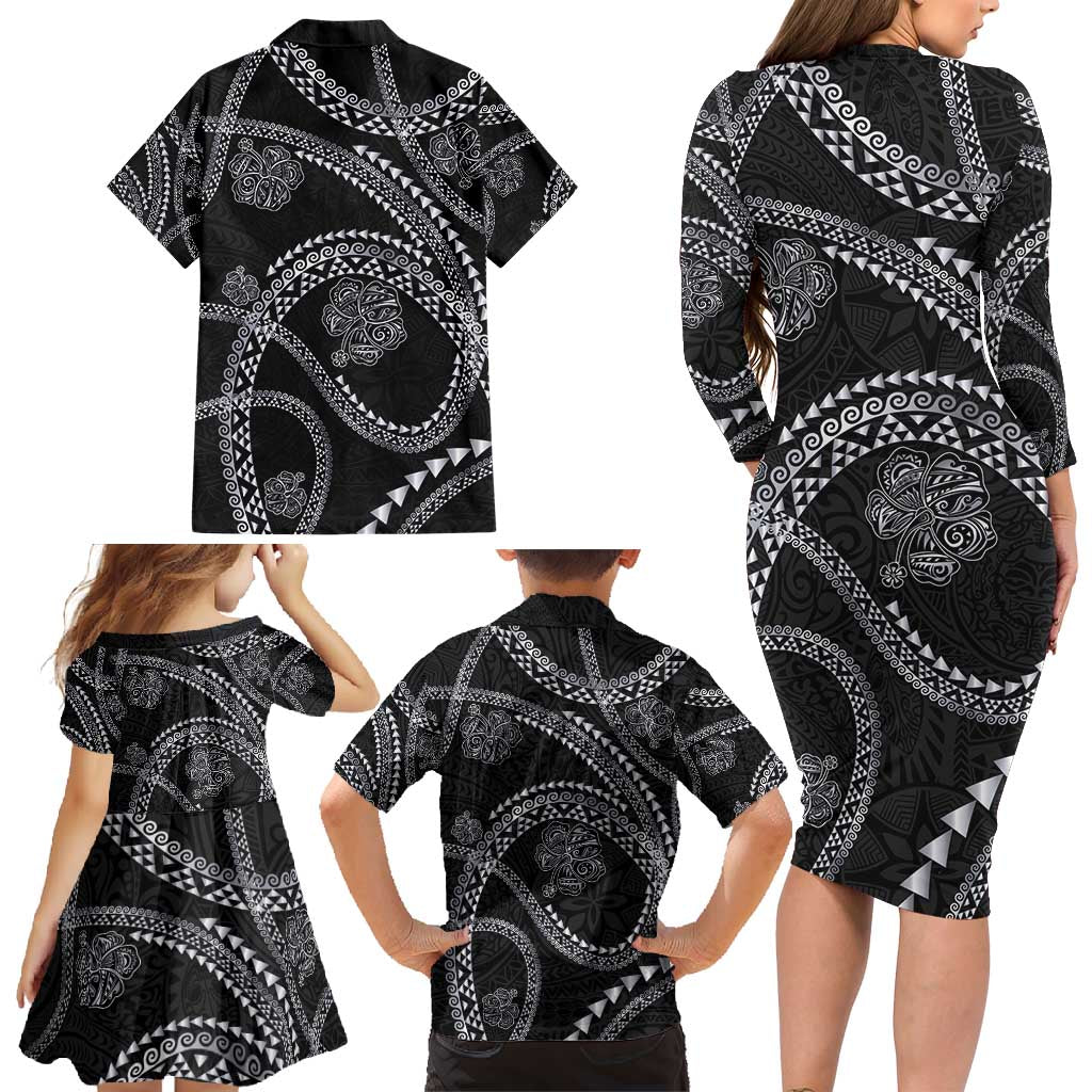Hawaiian Kakau Art and Hisbiscus Tattoo Family Matching Long Sleeve Bodycon Dress and Hawaiian Shirt Tribal Pattern-Silver Style LT03 - Polynesian Pride
