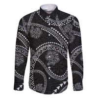 Hawaiian Kakau Art and Hisbiscus Tattoo Family Matching Long Sleeve Bodycon Dress and Hawaiian Shirt Tribal Pattern-Silver Style LT03 Dad's Shirt - Long Sleeve Black - Polynesian Pride