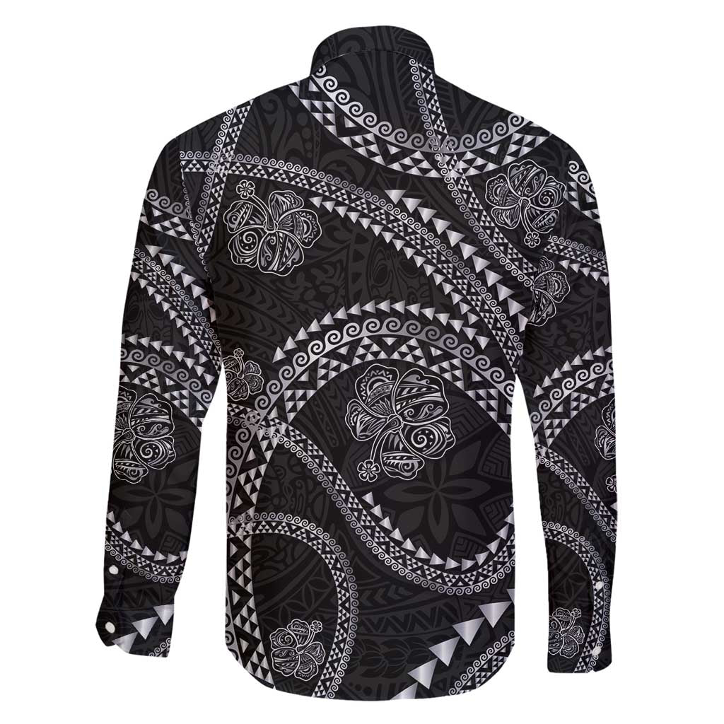 Hawaiian Kakau Art and Hisbiscus Tattoo Family Matching Long Sleeve Bodycon Dress and Hawaiian Shirt Tribal Pattern-Silver Style LT03 - Polynesian Pride