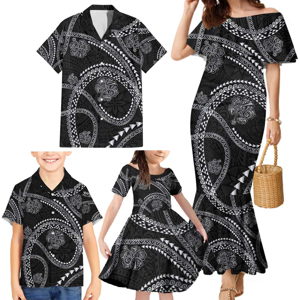 Hawaiian Kakau Art and Hisbiscus Tattoo Family Matching Mermaid Dress and Hawaiian Shirt Tribal Pattern-Silver Style LT03 - Polynesian Pride