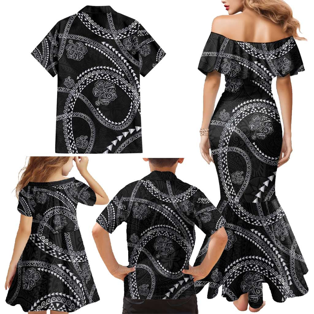 Hawaiian Kakau Art and Hisbiscus Tattoo Family Matching Mermaid Dress and Hawaiian Shirt Tribal Pattern-Silver Style LT03 - Polynesian Pride