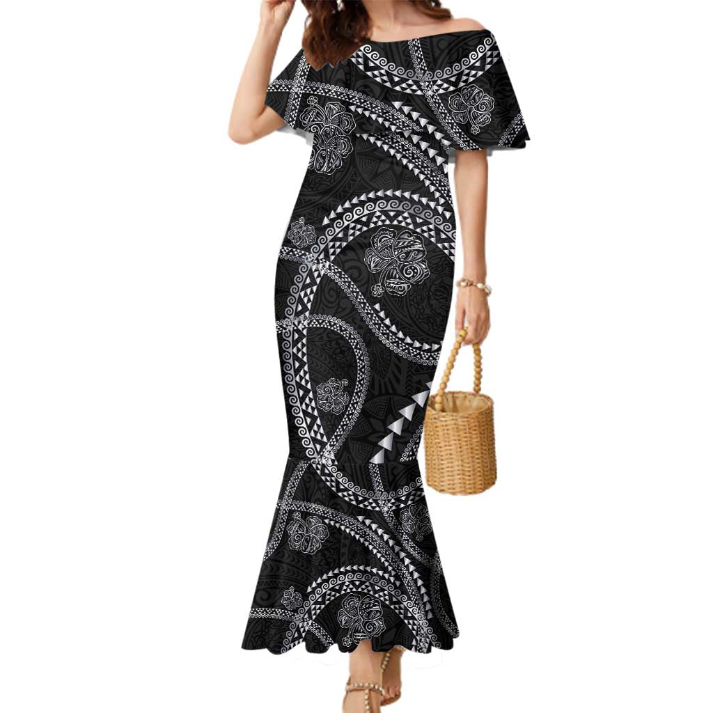 Hawaiian Kakau Art and Hisbiscus Tattoo Family Matching Mermaid Dress and Hawaiian Shirt Tribal Pattern-Silver Style LT03 Mom's Dress Black - Polynesian Pride