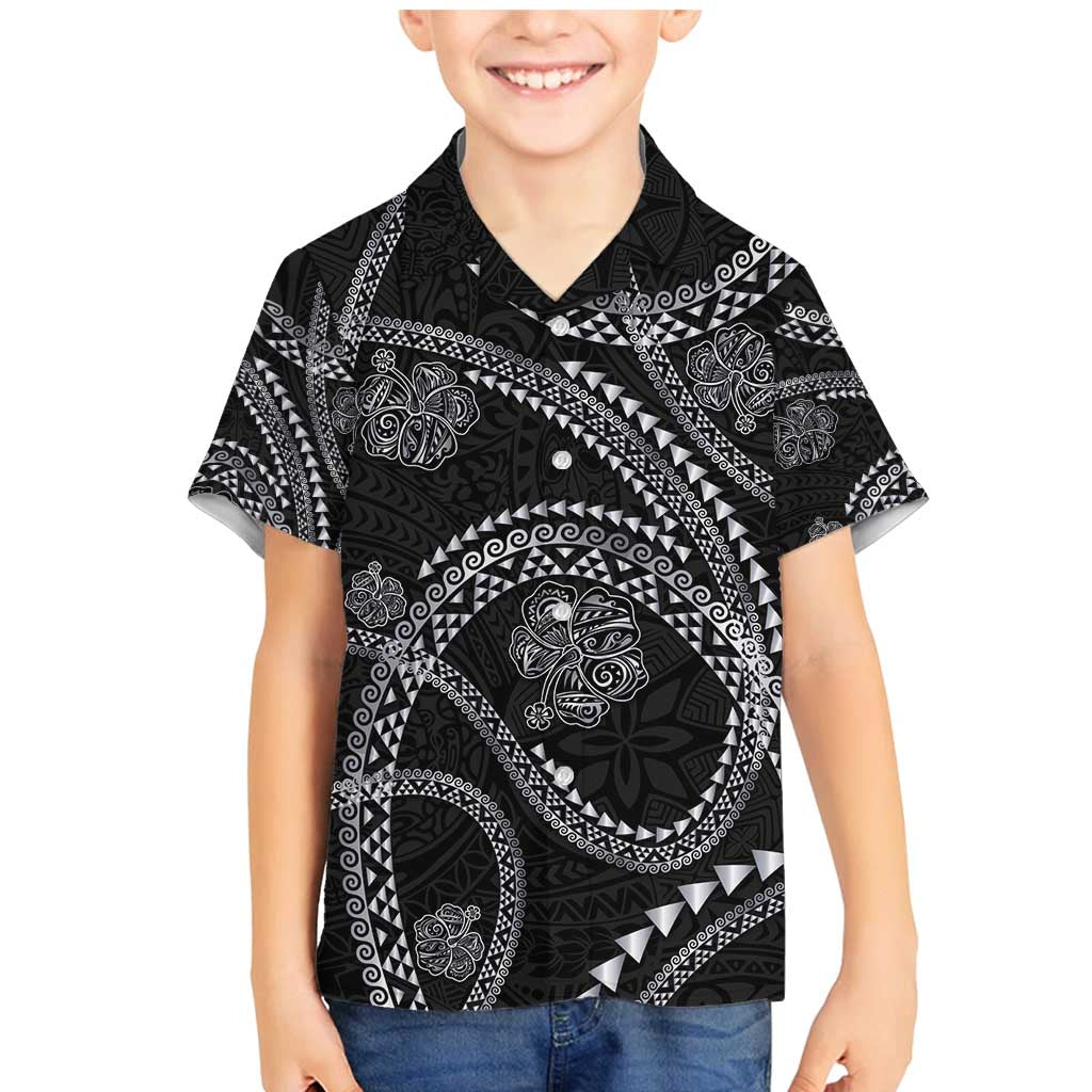 Hawaiian Kakau Art and Hisbiscus Tattoo Family Matching Mermaid Dress and Hawaiian Shirt Tribal Pattern-Silver Style LT03 Son's Shirt Black - Polynesian Pride