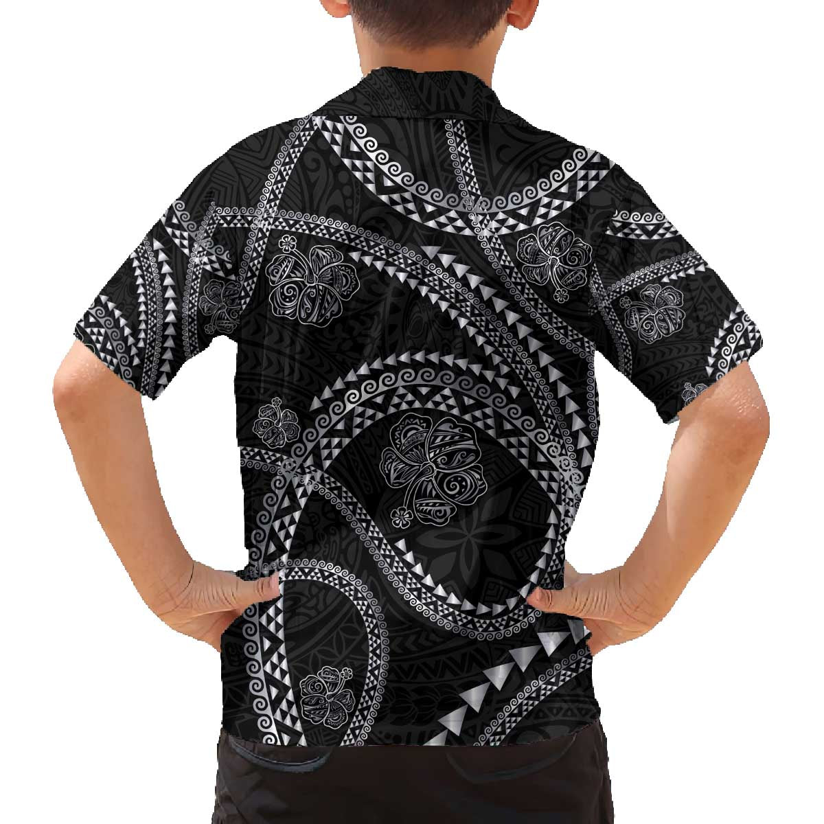 Hawaiian Kakau Art and Hisbiscus Tattoo Family Matching Off The Shoulder Long Sleeve Dress and Hawaiian Shirt Tribal Pattern-Silver Style LT03 - Polynesian Pride